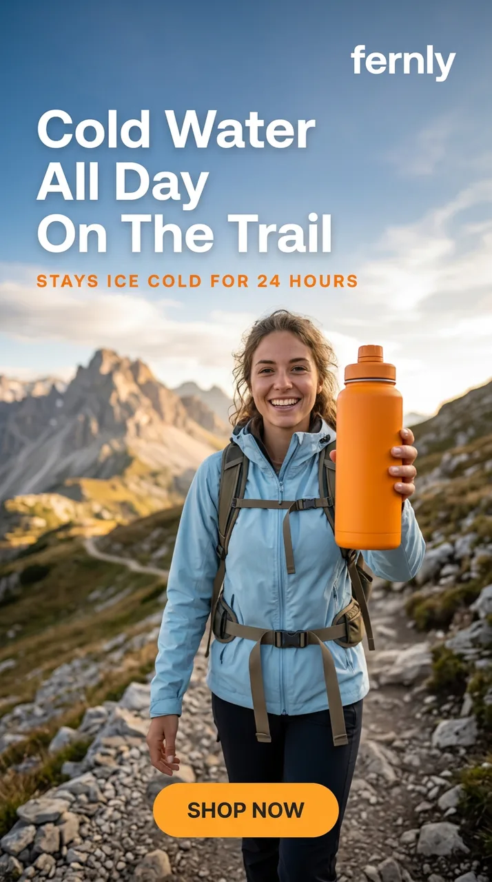 A saved water bottle ad used as inspiration, with a bold headline top left, product on the right, and a pill button at the bottom