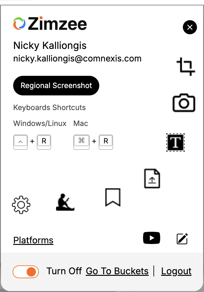 The Zimzee Chrome extension panel showing capture tools: regional screenshot, full screenshot, text capture, video, and Kindle highlights.