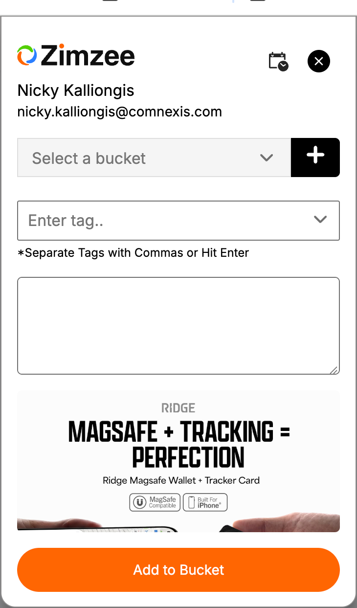 The Zimzee Chrome extension save dialog: choose a bucket, add tags and a note, then add it to a bucket.